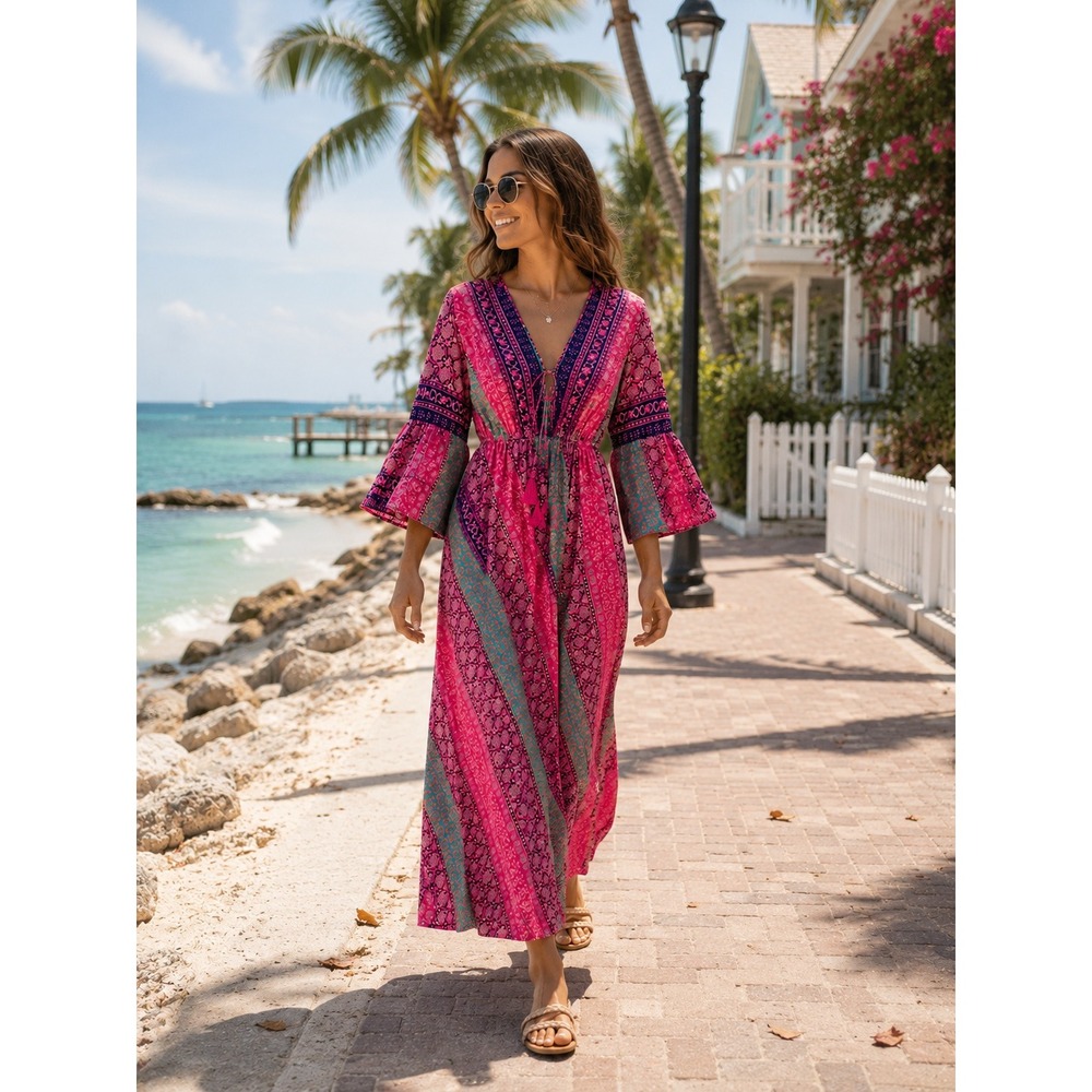 India Boutique Maxi Dress Womens Large Pink Good Boho Patchwork Bell Sleeve L - Picture 2 of 9